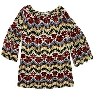 West Loop Small Off Shoulder Dress, graphic print, bell sleeves, EUC 8144